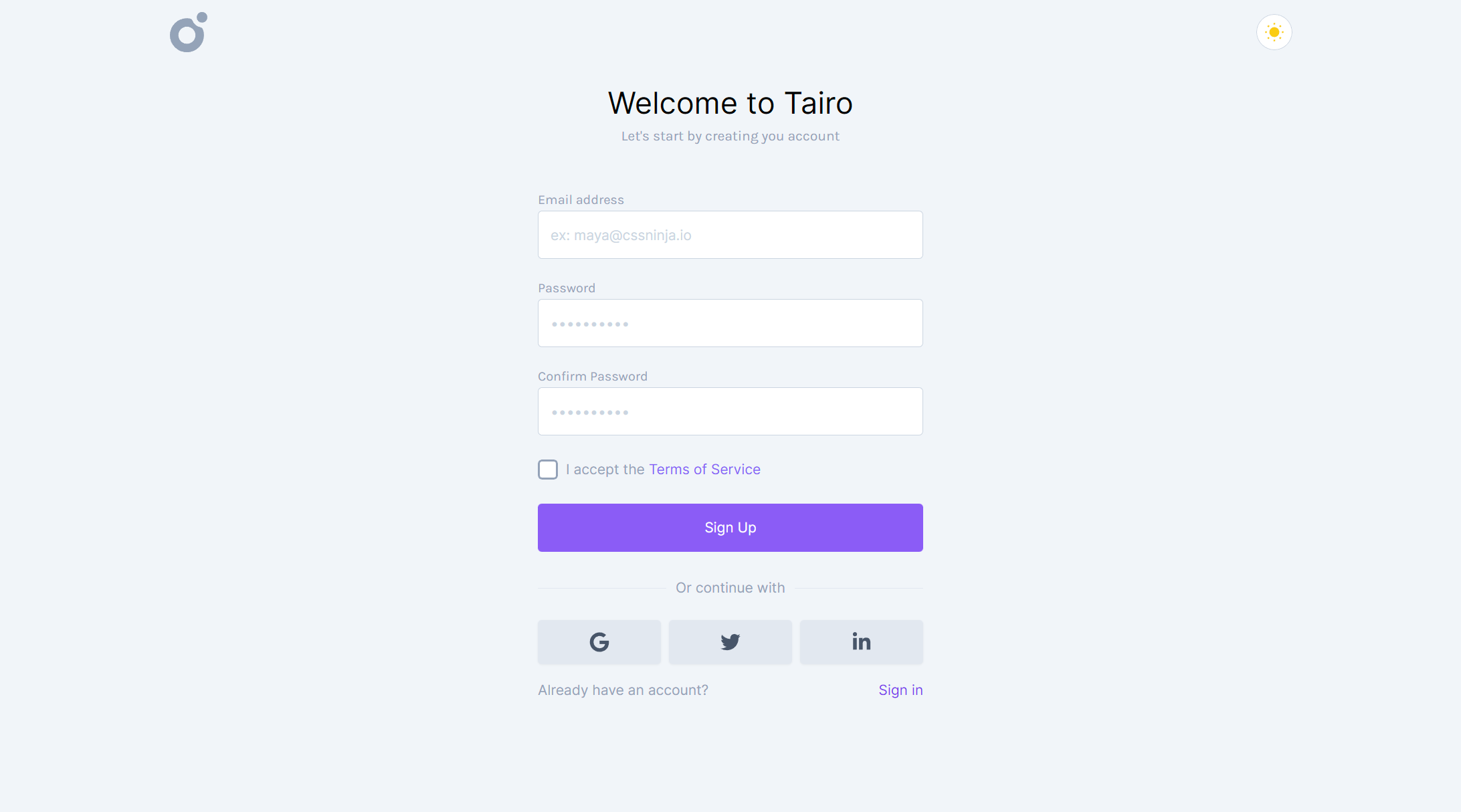 Tairo - Signup 2
